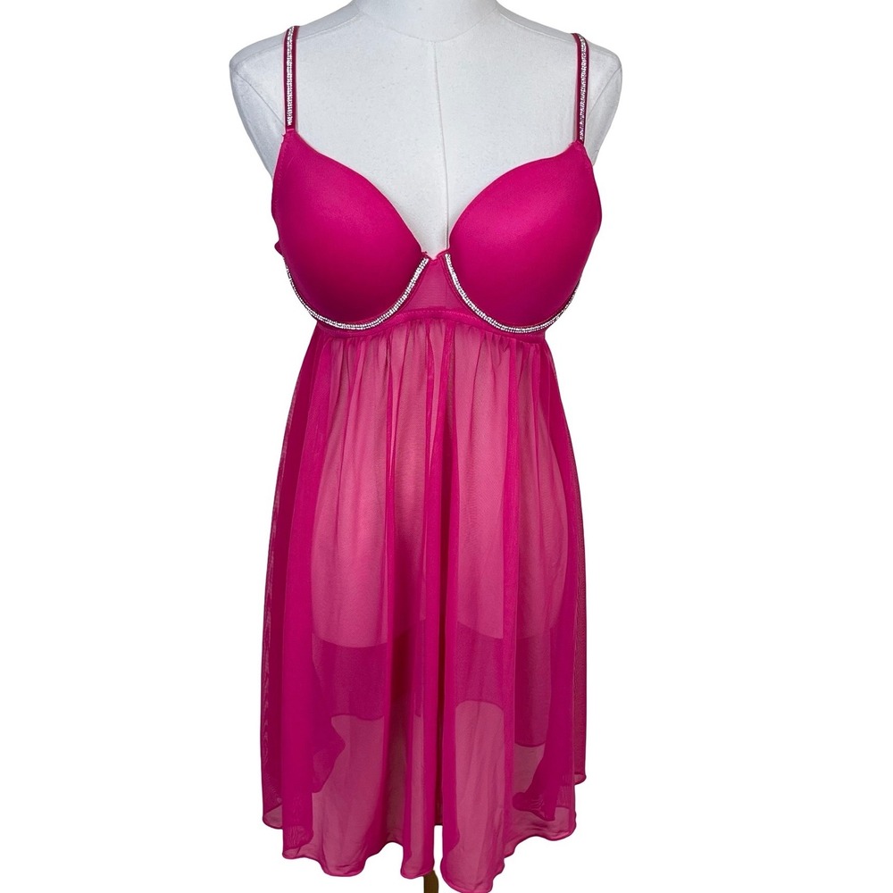 BCBGeneration Babydoll Chemise Women L Pink Rhinestone Mesh Lingerie Y2K Glam